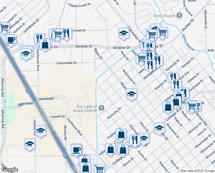 map of restaurants, bars, coffee shops, grocery stores, and more near 913 Kansas Avenue in South Houston