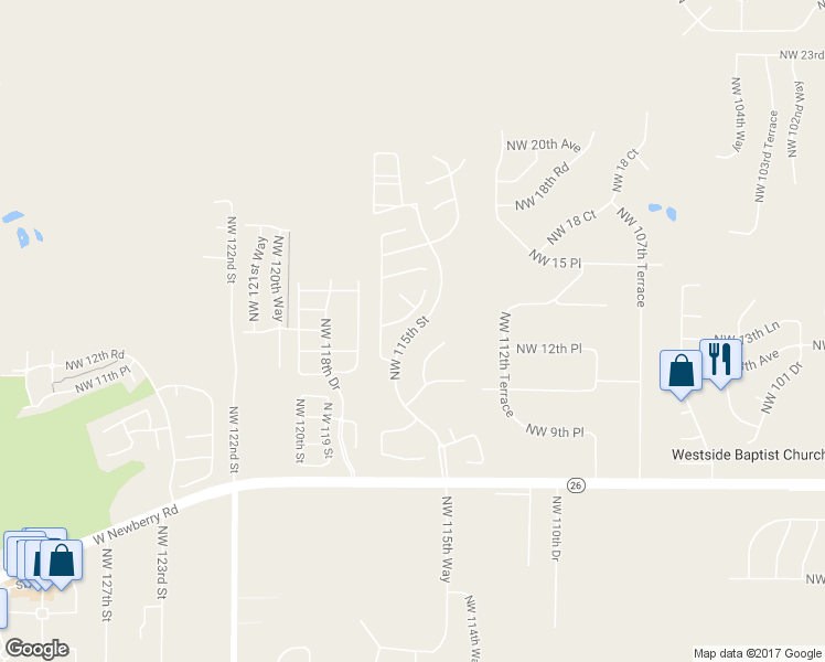 map of restaurants, bars, coffee shops, grocery stores, and more near 11632 Northwest 115th Street in Gainesville