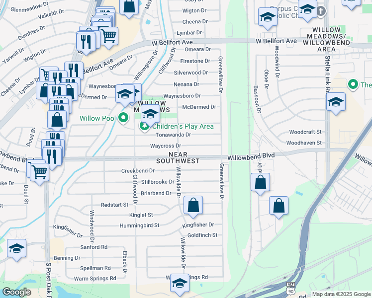 map of restaurants, bars, coffee shops, grocery stores, and more near 4430 Waycross Drive in Houston