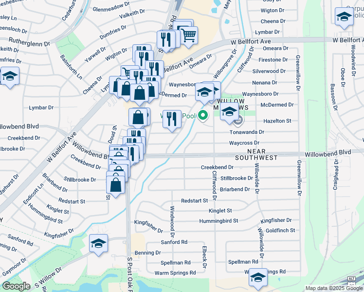 map of restaurants, bars, coffee shops, grocery stores, and more near 10617 Willowgrove Drive in Houston
