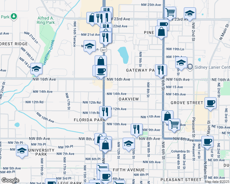map of restaurants, bars, coffee shops, grocery stores, and more near 1236 Northwest 14th Avenue in Gainesville
