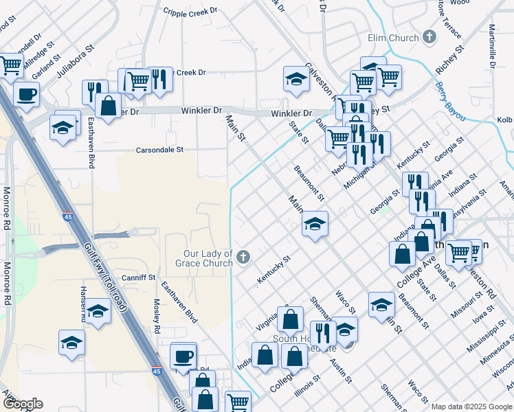 map of restaurants, bars, coffee shops, grocery stores, and more near 913 Kansas Avenue in South Houston