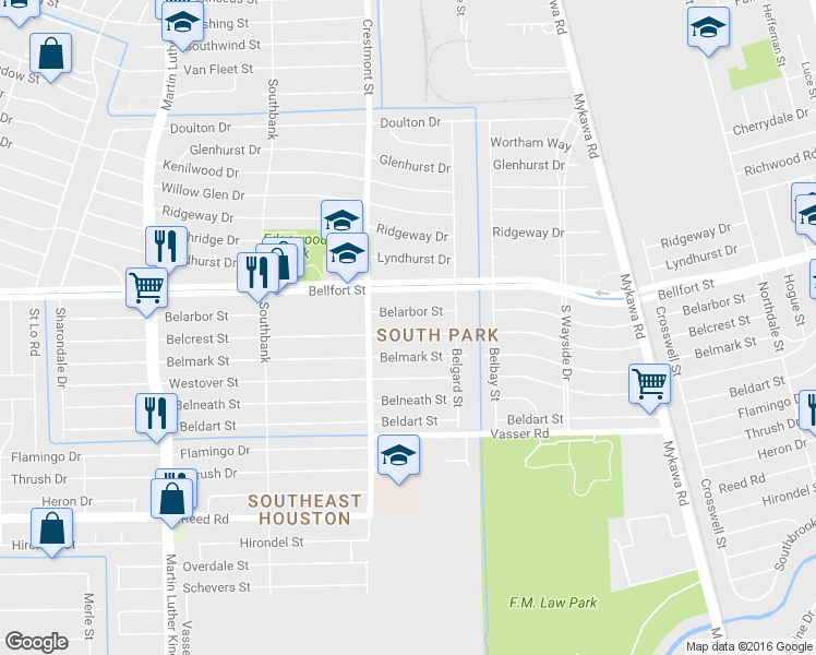 map of restaurants, bars, coffee shops, grocery stores, and more near 5942 Belarbor Street in Houston