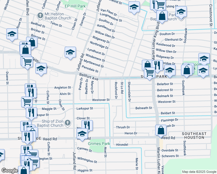 map of restaurants, bars, coffee shops, grocery stores, and more near 8110 Glenhollow Drive in Houston