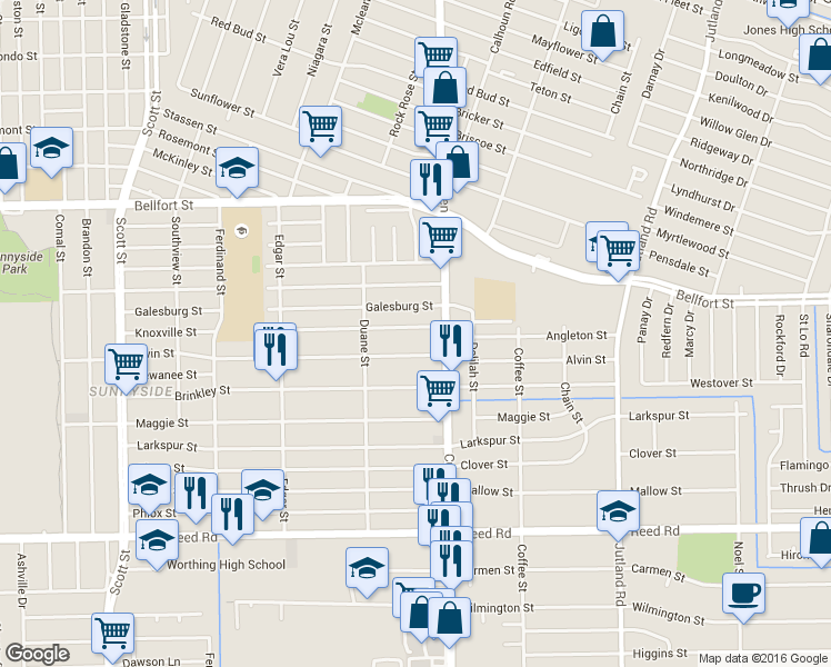 map of restaurants, bars, coffee shops, grocery stores, and more near 4647 Knoxville Street in Houston