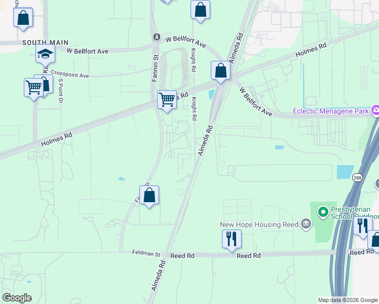 map of restaurants, bars, coffee shops, grocery stores, and more near 9668 Knight Road in Houston