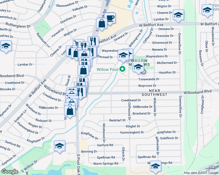 map of restaurants, bars, coffee shops, grocery stores, and more near 10617 Willowgrove Drive in Houston
