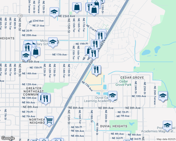 map of restaurants, bars, coffee shops, grocery stores, and more near Waldo Road Greenway-Depot Avenue Rail-Trail in Gainesville