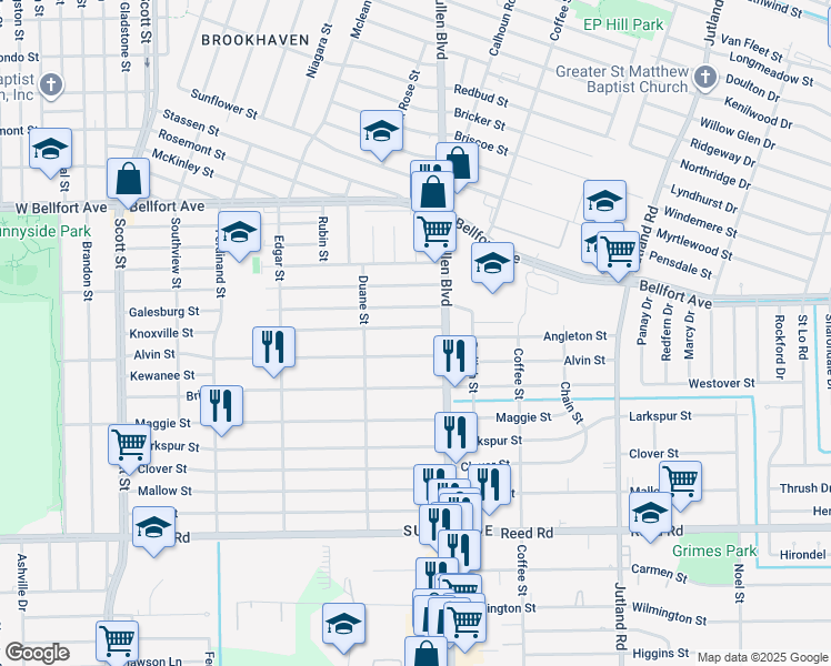 map of restaurants, bars, coffee shops, grocery stores, and more near 4647 Knoxville Street in Houston