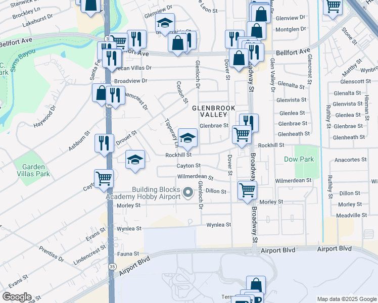 map of restaurants, bars, coffee shops, grocery stores, and more near 7649 Rockhill Street in Houston
