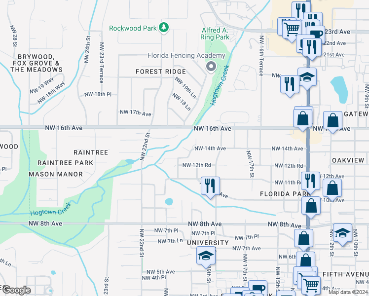 map of restaurants, bars, coffee shops, grocery stores, and more near 4004 14th Place in Gainesville