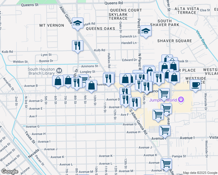 map of restaurants, bars, coffee shops, grocery stores, and more near 1105 Avenue B in South Houston