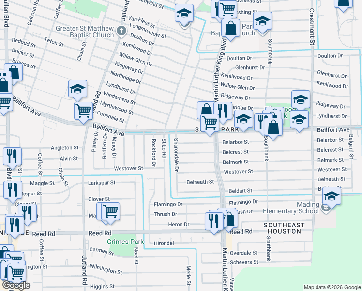 map of restaurants, bars, coffee shops, grocery stores, and more near 5615 Belarbor Street in Houston