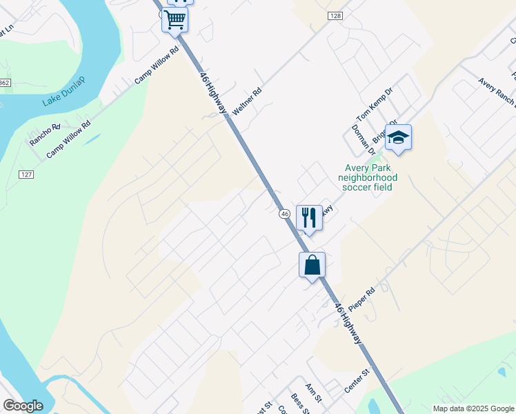 map of restaurants, bars, coffee shops, grocery stores, and more near 2124 Texas 46 in New Braunfels