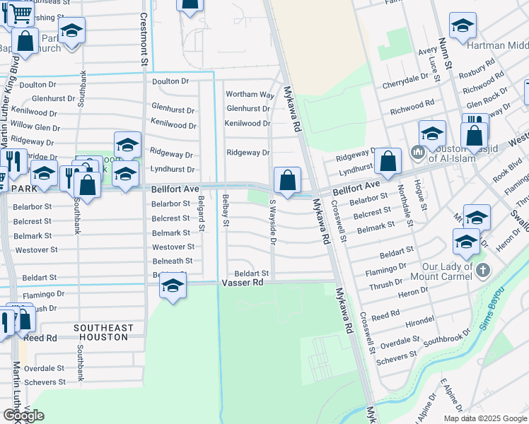 map of restaurants, bars, coffee shops, grocery stores, and more near 6060 Belarbor Street in Houston
