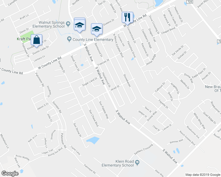 map of restaurants, bars, coffee shops, grocery stores, and more near 2141 Hazelwood Drive in New Braunfels