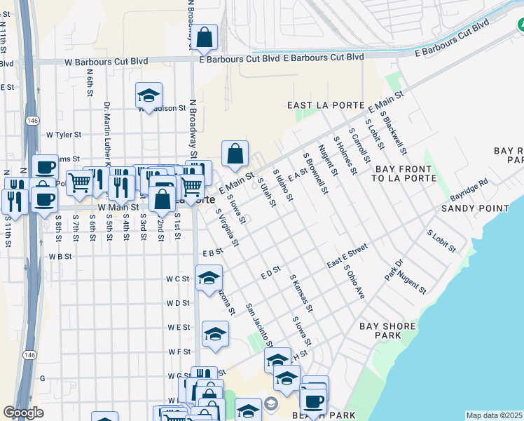 map of restaurants, bars, coffee shops, grocery stores, and more near 215 South Utah Street in La Porte