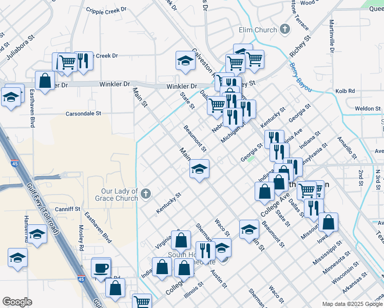 map of restaurants, bars, coffee shops, grocery stores, and more near 802 Nebraska Street in South Houston