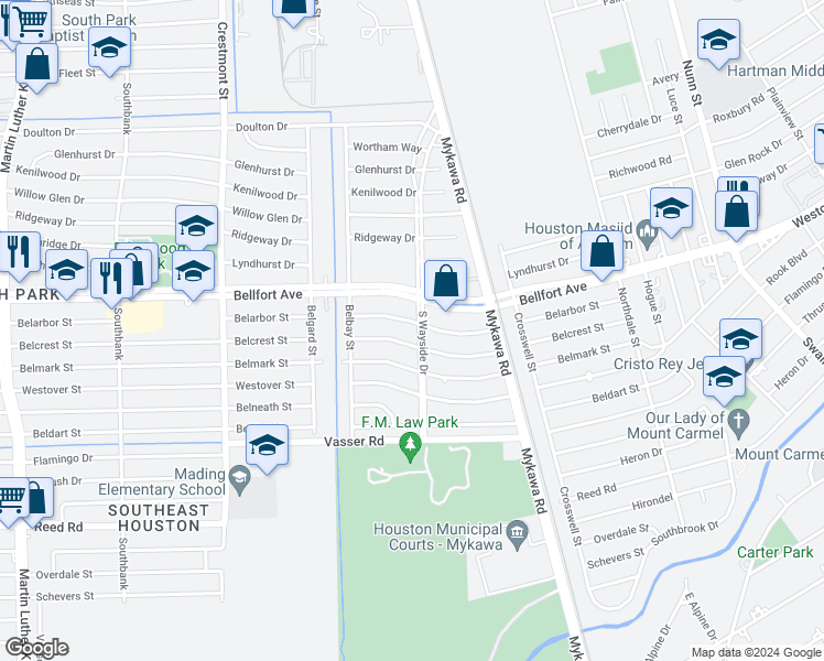 map of restaurants, bars, coffee shops, grocery stores, and more near 6060 Belarbor Street in Houston