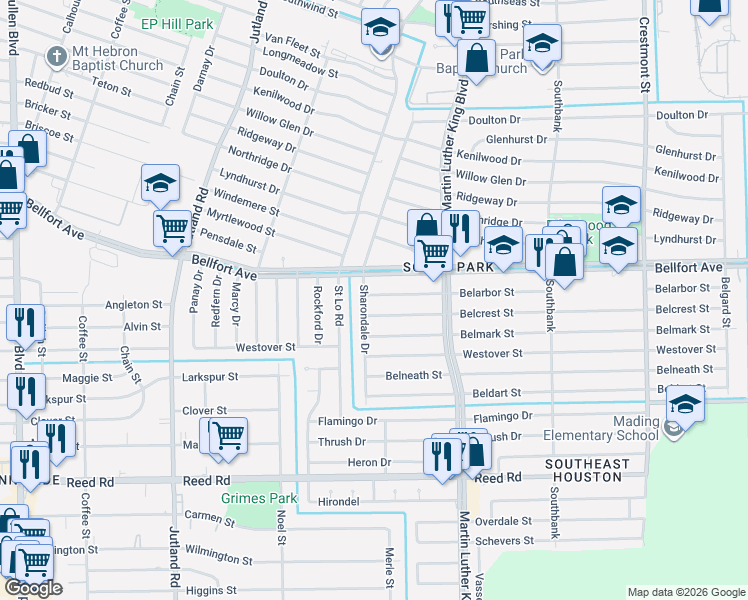 map of restaurants, bars, coffee shops, grocery stores, and more near 5615 Belarbor Street in Houston