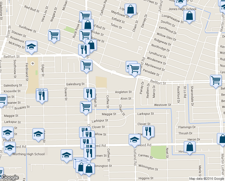 map of restaurants, bars, coffee shops, grocery stores, and more near 4817 Angleton Street in Houston