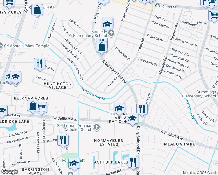map of restaurants, bars, coffee shops, grocery stores, and more near 10506 Cook Road in Houston