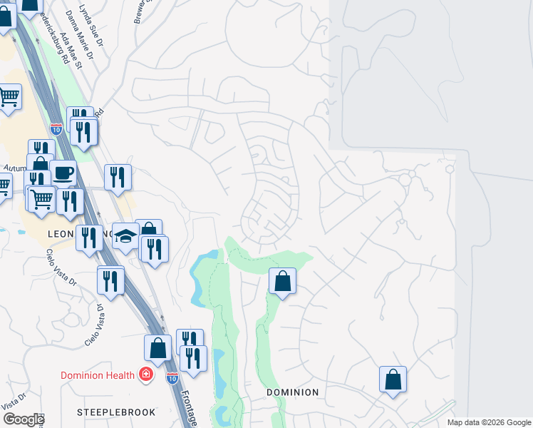 map of restaurants, bars, coffee shops, grocery stores, and more near 6 Rugby Lane in San Antonio