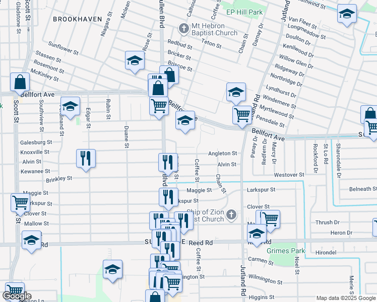 map of restaurants, bars, coffee shops, grocery stores, and more near 4745 Angleton Street in Houston