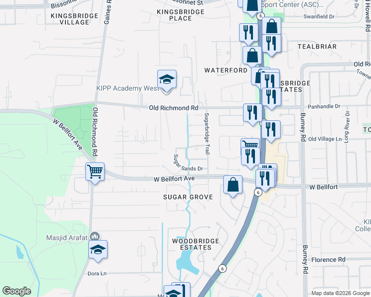 map of restaurants, bars, coffee shops, grocery stores, and more near 15010 Sugarhollow Drive in Sugar Land