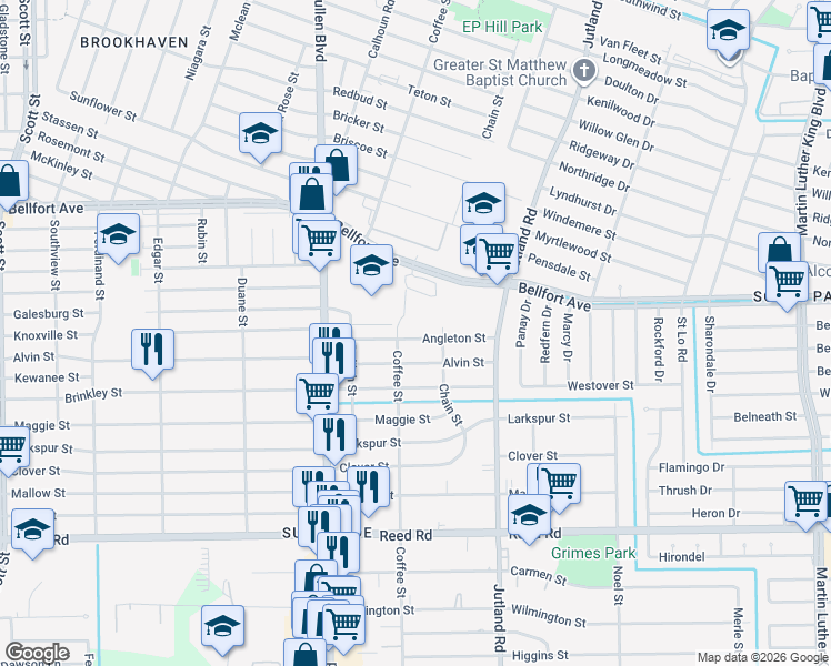 map of restaurants, bars, coffee shops, grocery stores, and more near 4817 Angleton Street in Houston