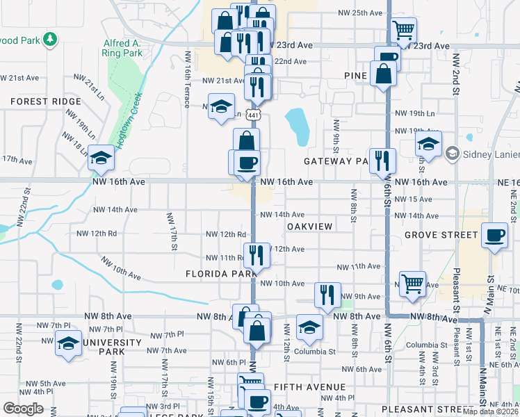 map of restaurants, bars, coffee shops, grocery stores, and more near 1410 Northwest 13th Street in Gainesville