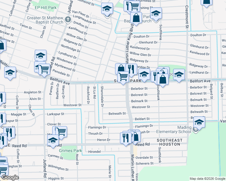 map of restaurants, bars, coffee shops, grocery stores, and more near 5630 Belarbor Street in Houston