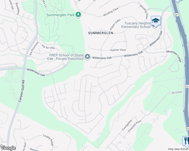map of restaurants, bars, coffee shops, grocery stores, and more near 1615 Heavens Peak in San Antonio