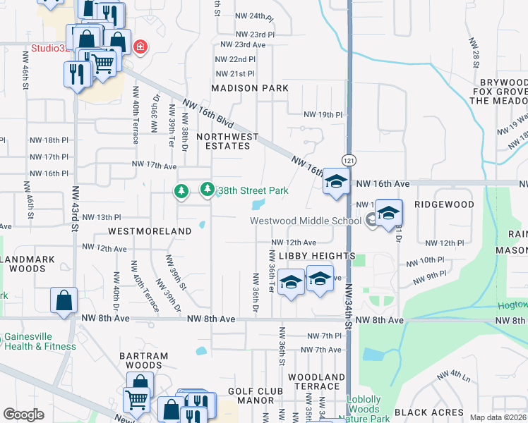 map of restaurants, bars, coffee shops, grocery stores, and more near 1400 Northwest 36th Way in Gainesville