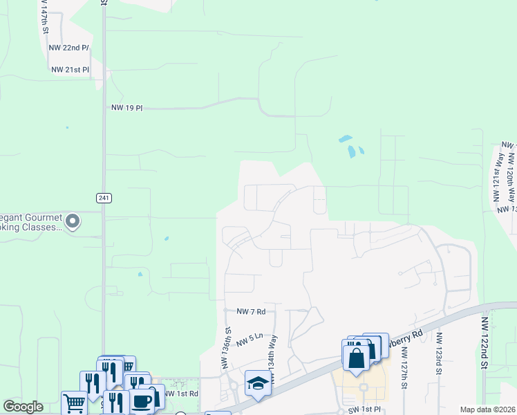 map of restaurants, bars, coffee shops, grocery stores, and more near 1367 Northwest 136th Street in Newberry