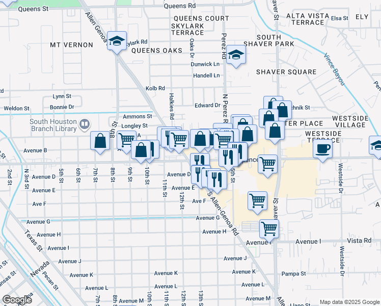 map of restaurants, bars, coffee shops, grocery stores, and more near 1203 Spencer Highway in South Houston