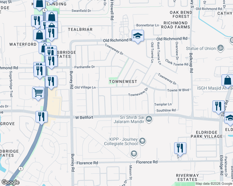 map of restaurants, bars, coffee shops, grocery stores, and more near 14043 Old Village Lane in Sugar Land