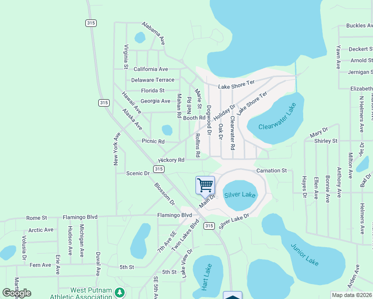 map of restaurants, bars, coffee shops, grocery stores, and more near 108 Miller Road in Interlachen