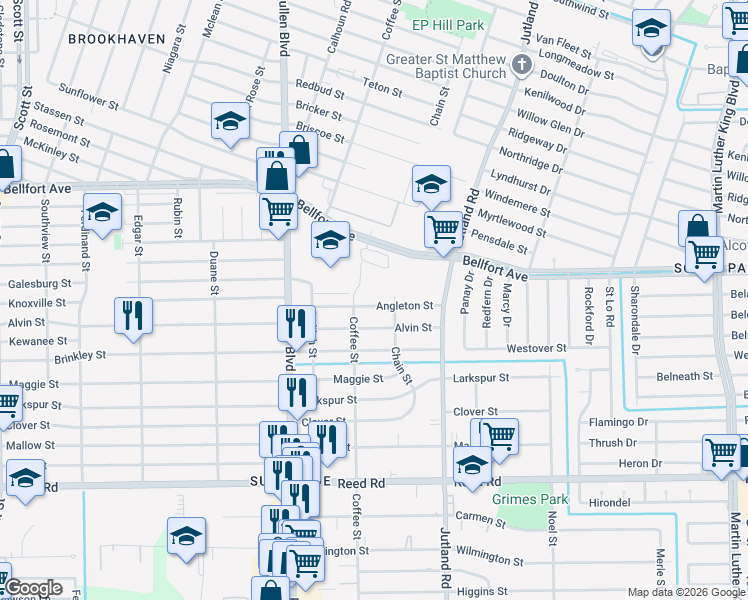 map of restaurants, bars, coffee shops, grocery stores, and more near 4817 Angleton Street in Houston