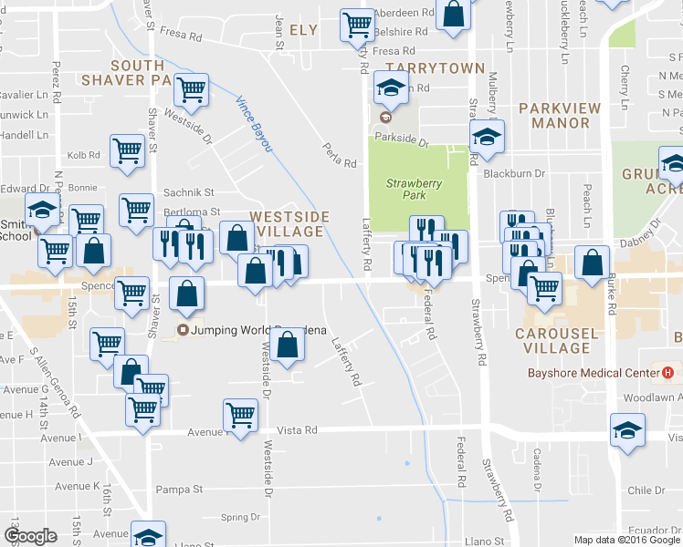 map of restaurants, bars, coffee shops, grocery stores, and more near 2931 Spencer Highway in Pasadena
