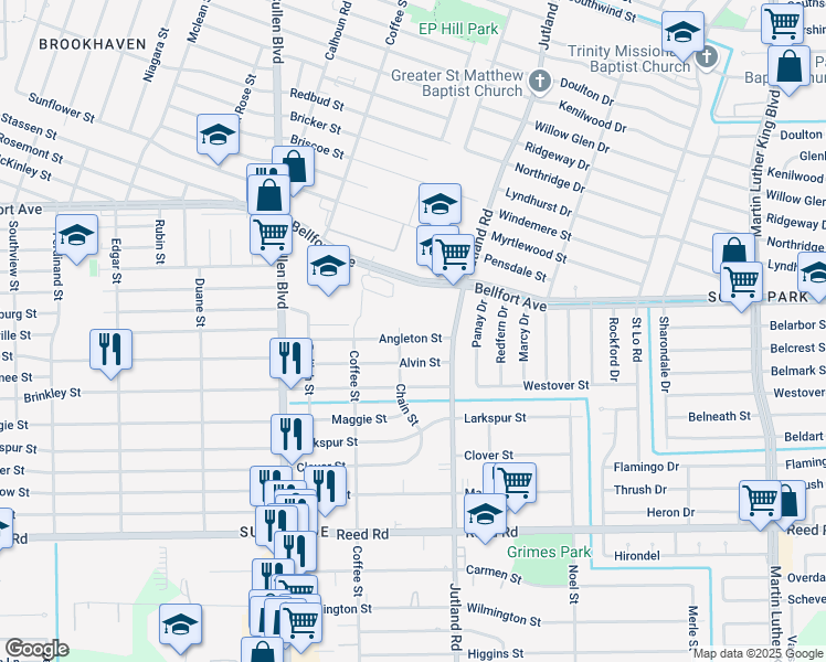 map of restaurants, bars, coffee shops, grocery stores, and more near 4909 Angleton Street in Houston
