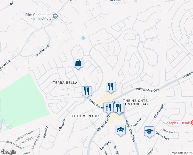 map of restaurants, bars, coffee shops, grocery stores, and more near Carpenter Circle in San Antonio