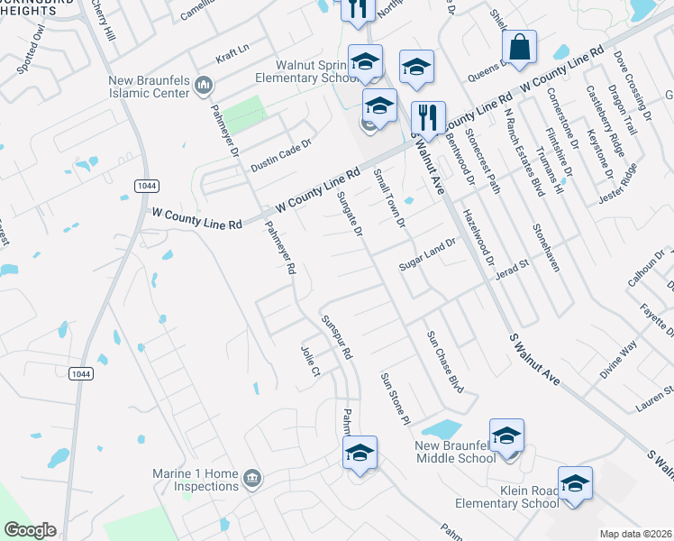 map of restaurants, bars, coffee shops, grocery stores, and more near 1624 Sunstone Circle in New Braunfels