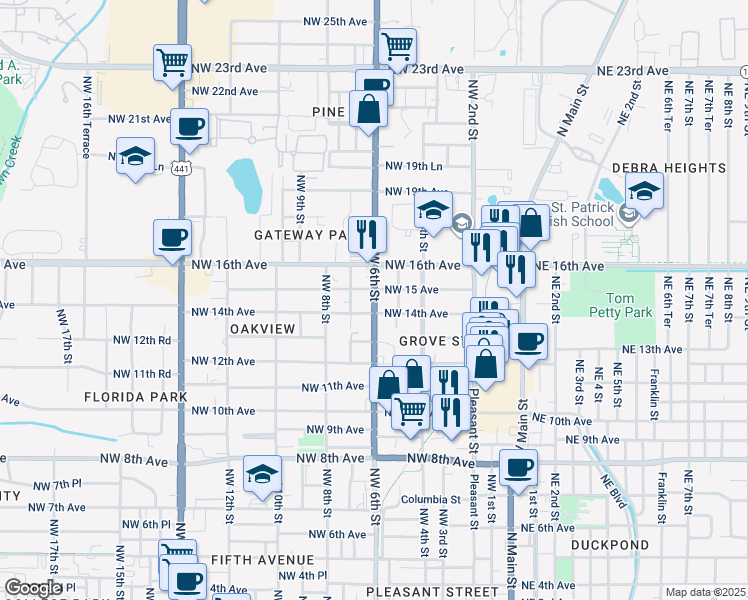 map of restaurants, bars, coffee shops, grocery stores, and more near 1425 Northwest 6th Street in Gainesville