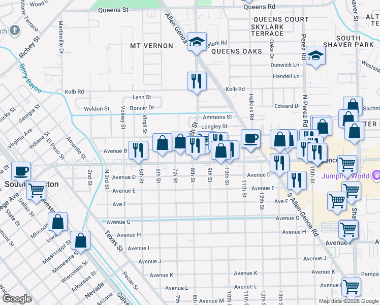 map of restaurants, bars, coffee shops, grocery stores, and more near 804 Avenue B in South Houston
