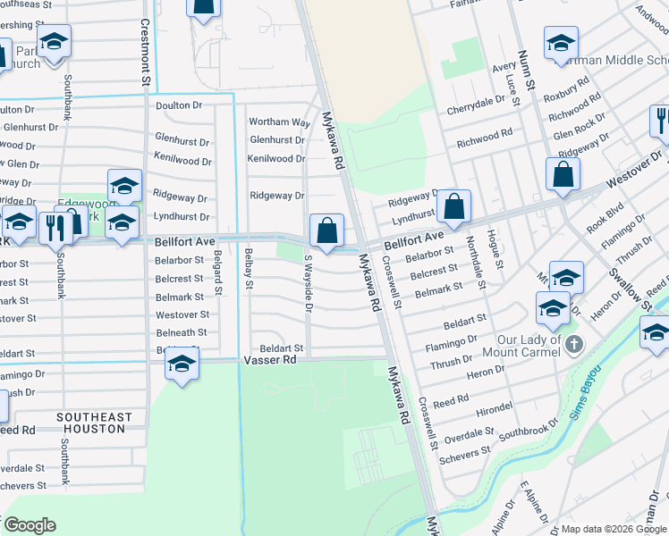 map of restaurants, bars, coffee shops, grocery stores, and more near 6150 Bellfort Avenue in Houston