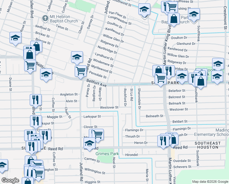 map of restaurants, bars, coffee shops, grocery stores, and more near 8107-8111 Glenhollow Drive in Houston