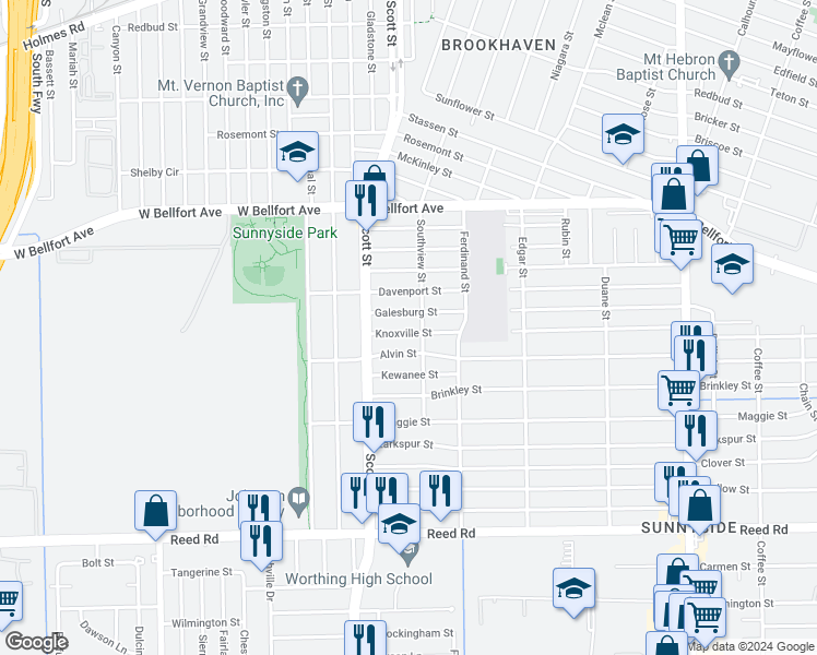 map of restaurants, bars, coffee shops, grocery stores, and more near 4126 Galesburg Street in Houston