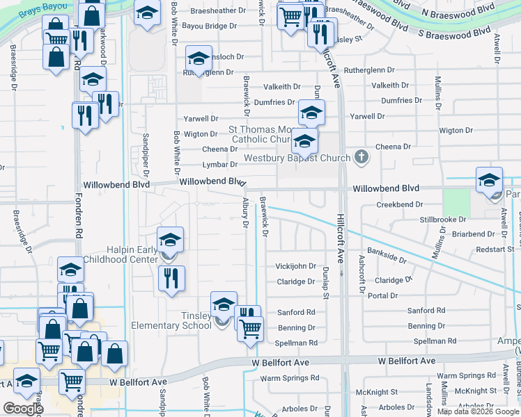 map of restaurants, bars, coffee shops, grocery stores, and more near 10618 Braewick Drive in Houston