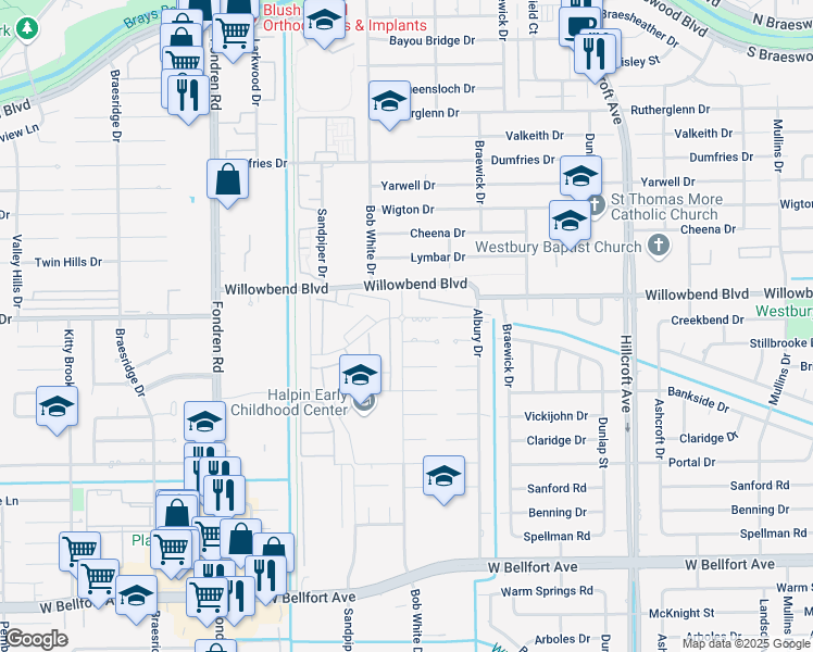 map of restaurants, bars, coffee shops, grocery stores, and more near 6215 Creekbend Drive in Houston